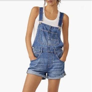 Free People Cotton Overalls Romper Bib Denim Shorts Light Blue We The Free Ziggy